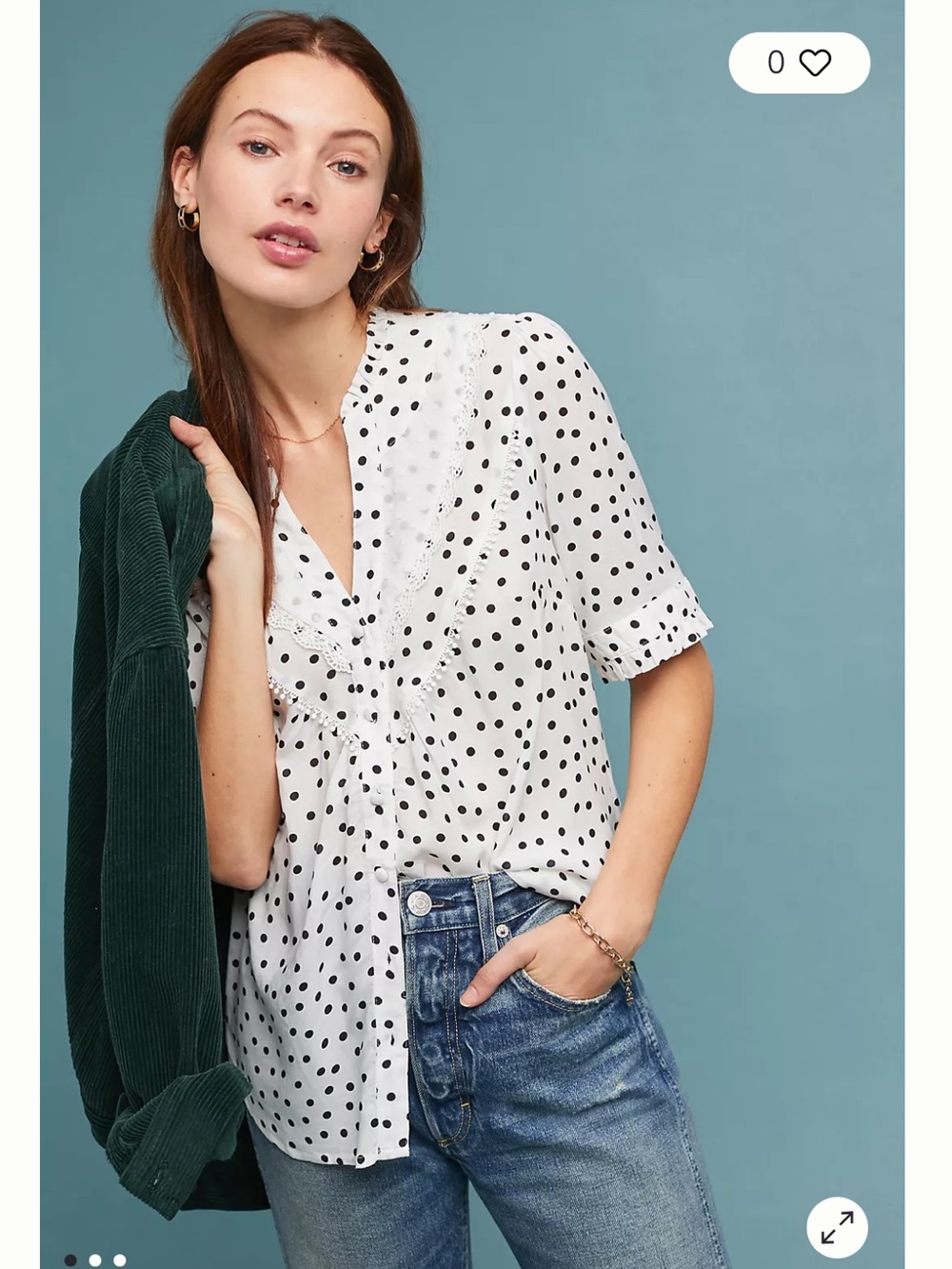Anthropologie Maeve Polka Dot Lace V-Neck Button-Front Blouse White Black